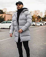 Пуховик куртка мужская зимняя серая теплая с капюшоном удлиненная