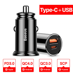 Швидка автомобільна зарядка Baseus 5A 30 Вт Type-C + USB