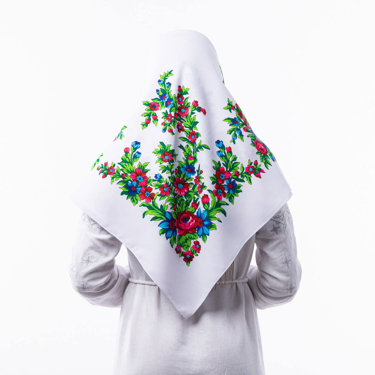 Хустка з віскози з квітковим принтом 100х100см Біла, фото 1