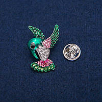Брошка Колібрі кольорова емаль і стрази, сріблястий метал 23х31мм купити біжутерію оптом в інтернеті