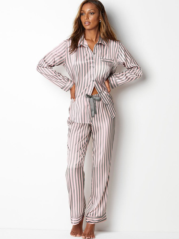 Пижама женская шелковая в полоску Victoria's Secret. Пижама женская полосатая VS, р. M (розовая с серым) - фото 1 - id-p1317752291