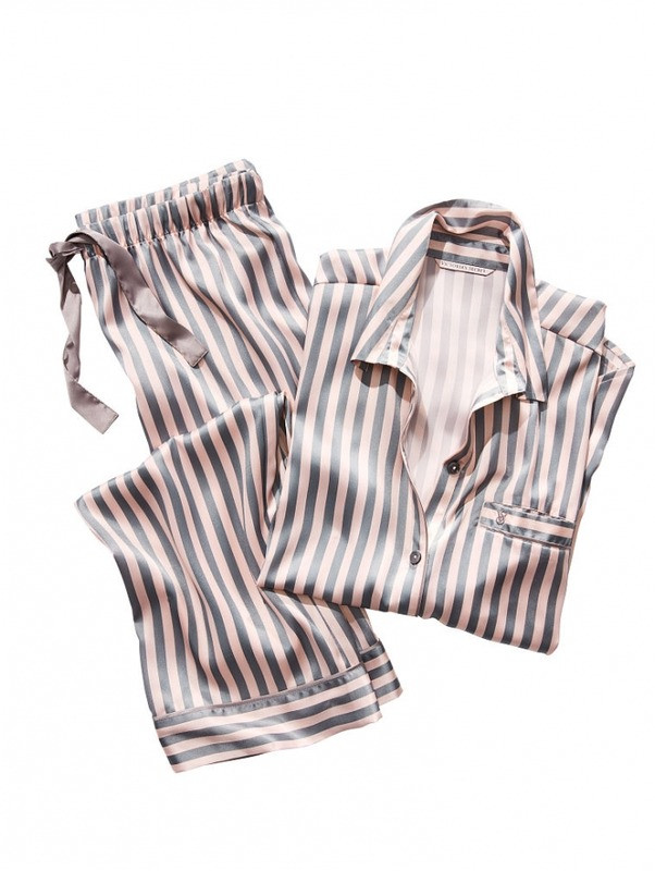 Пижама женская шелковая в полоску Victoria's Secret. Пижама женская полосатая VS, р. M (розовая с серым) - фото 5 - id-p1317752291
