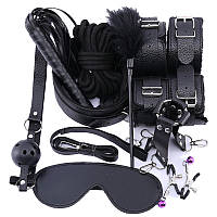 БДСМ Набор Obedience игрушки BDSM Садо мазо игры 10 в 1 , плетка, кляп, наручники, ошейник Черный