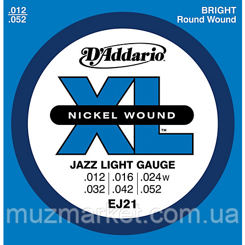 Струни для електрогітар D`ADDARIO EJ21 XL JAZZ LIGHT 12-52