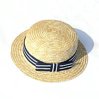 Взрослая шляпка канотье из натуральной соломы с полосатым бантом