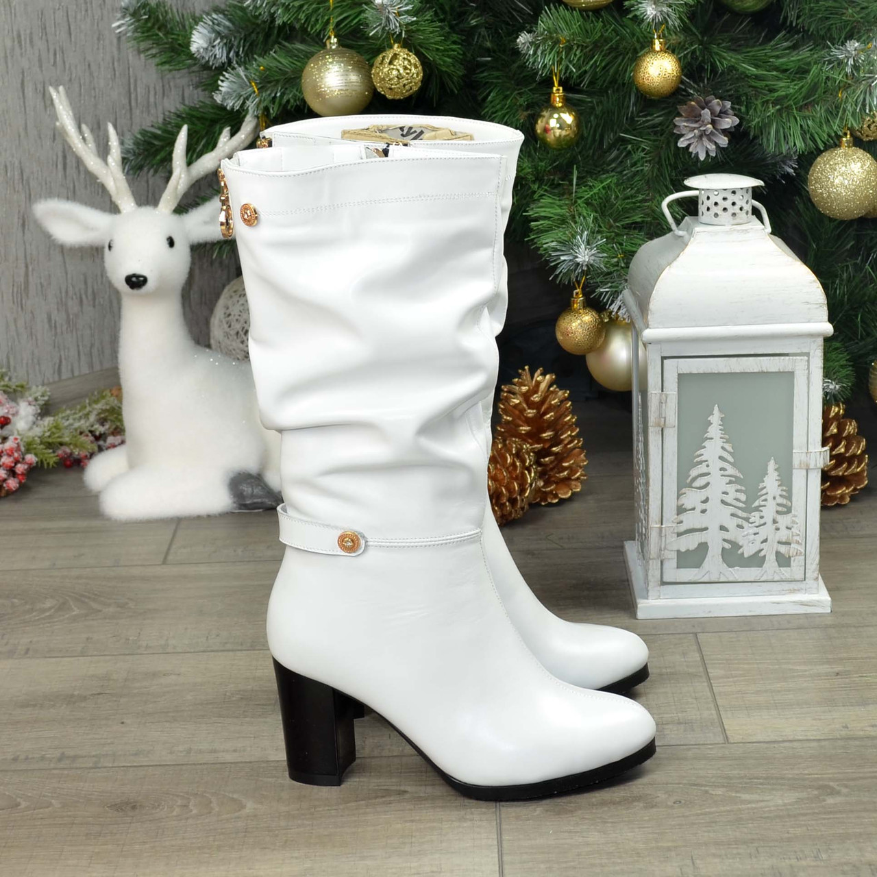 Чоботи білі шкіряні жіночі на високих підборах, фото 1