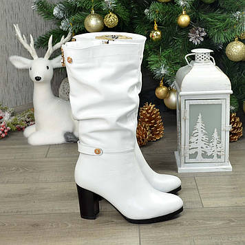 Чоботи білі шкіряні жіночі на високих підборах