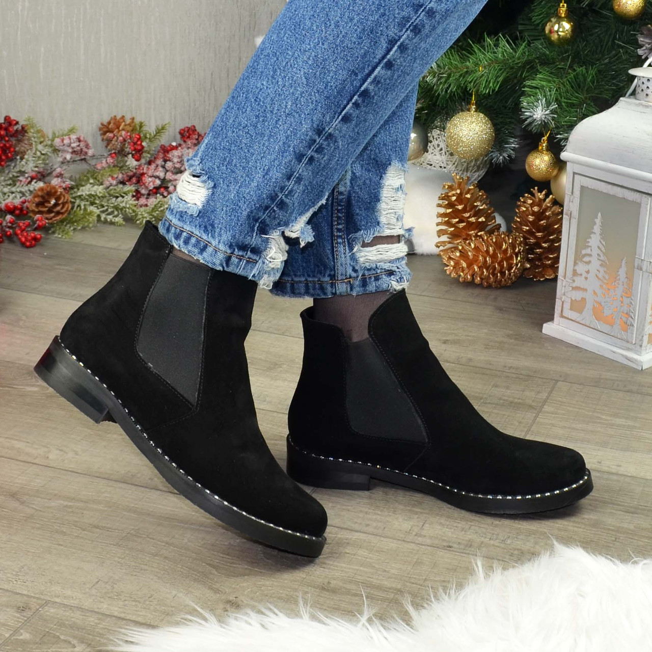 Черевики жіночі чорні замшеві на низькому ходу, фото 1