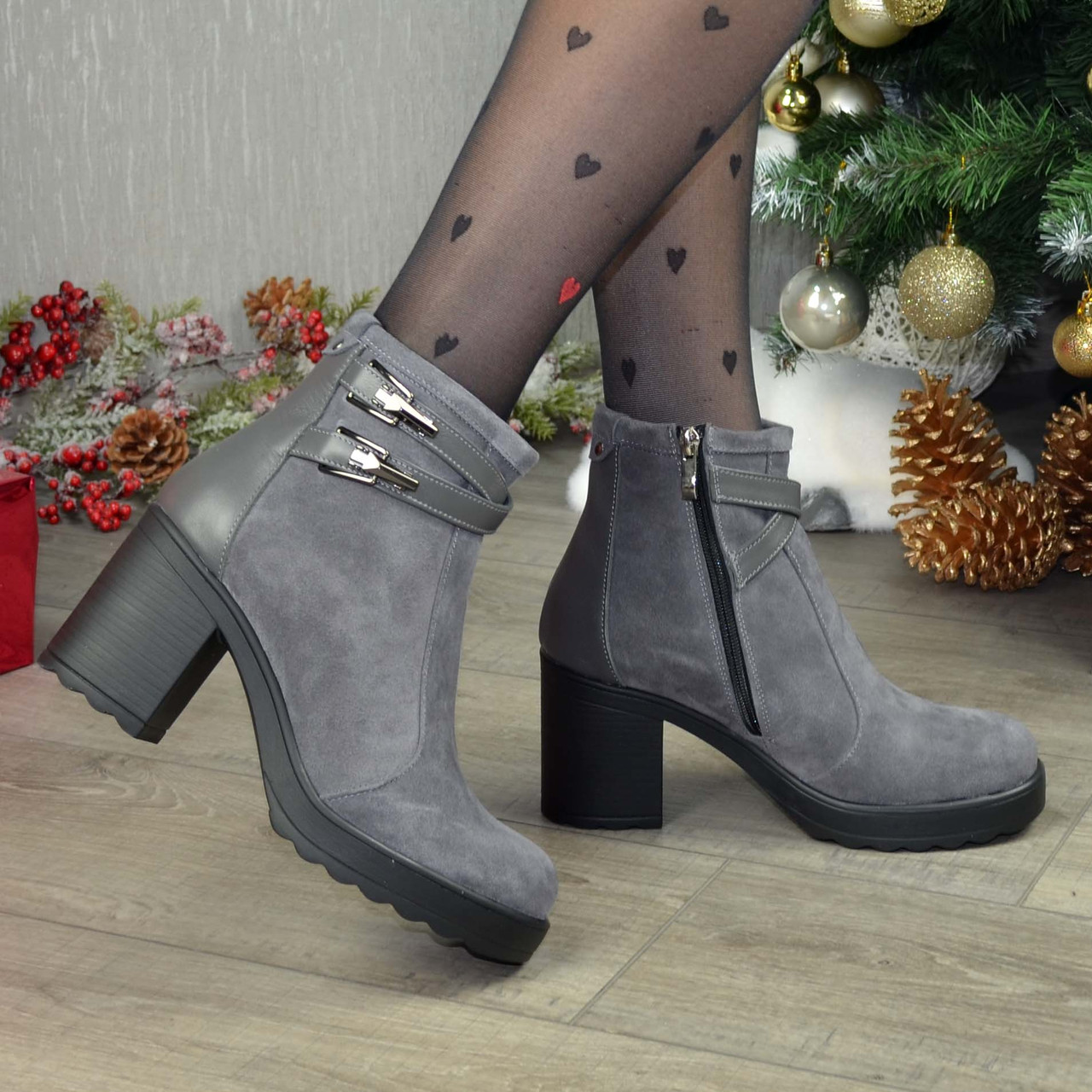 Черевики на широкому каблуці, натуральний сірий замш, фото 1