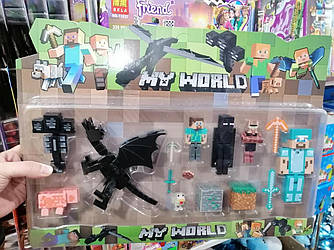 Фігурки Minecraft Герої Майнкрафт 5 фігурок, дракон, порося, курча, зброя, аксесуари JL18333-1