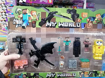 Фігурки Minecraft Герої Майнкрафт 5 фігурок, дракон, порося, курча, зброя, аксесуари JL18333-2
