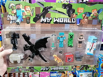 Фігурки Minecraft Герої Майнкрафт 5 фігурок, дракон, овечка, тигр, зброя, аксесуари JL18333-3