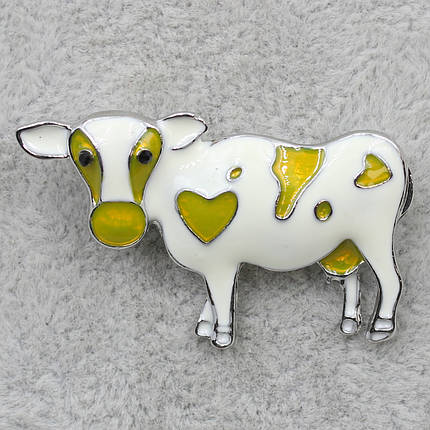 Брошка металева срібляста Корова покрита кольоровою емаллю розмір виробу 38 х 22 мм, фото 1