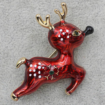 Брошка металева золотиста Різдвяний олень Рудольф покритий червоною емаллю розмір виробу 50х42 мм, фото 1