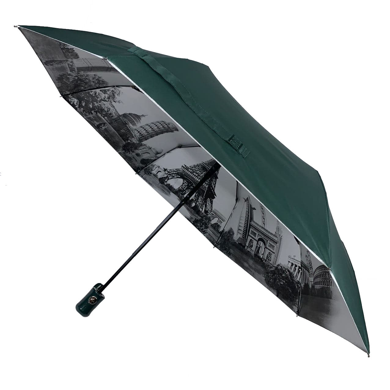 Жіноча парасоля напівавтом Toprain з орнаментом зсередини і тефлоновою пропочинкою, темно-зелений, 0480-3, фото 1