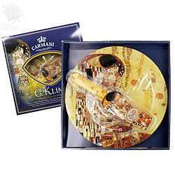 Скляна тарілка для торта з лопаткою Г. Клімт Поцілунок Carmani, d-30 см