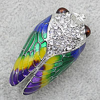 Брошка металева на сріблястій основі жук зі стразами покрита кольоровою емаллю розмір виробу 3,5х1,6 см