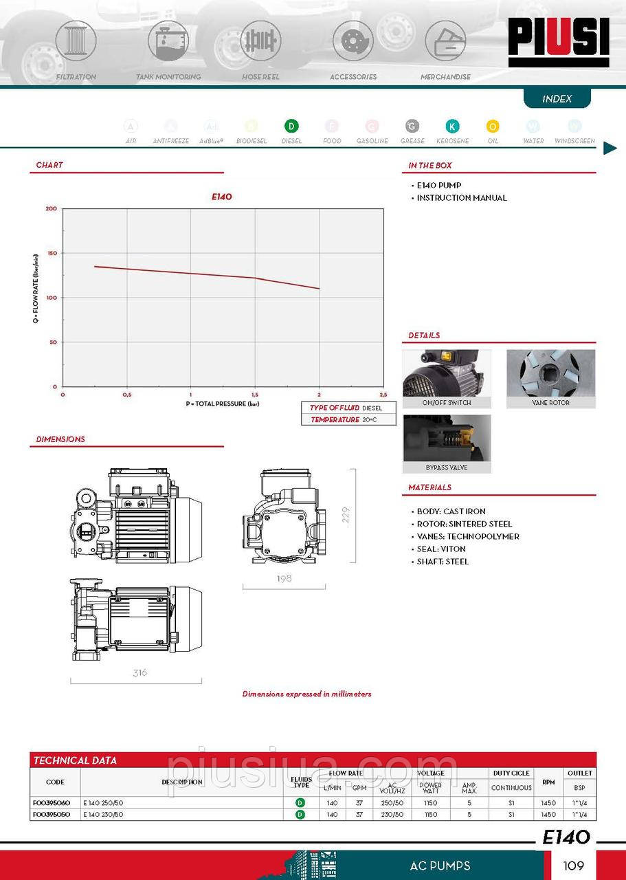 140л/мин для перекачки топлива PIUSI Е 140, 220 В art.F00395050 - фото 5 - id-p1318657807