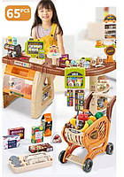 Детский супермаркет с тележкой 668-68 касса - касса, сканер для продуктов, кофемашина, стеллажи со сладостями