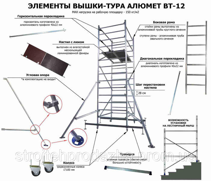 Вышка тура алюминиевая ВТ10 базовый комплект с тремя надстройками - фото 4 - id-p1318703373