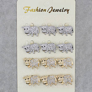 Брошка металічна золотиста та срібляста Корова зі стразами в пакованні 12 штук розмір виробу 26х18 мм