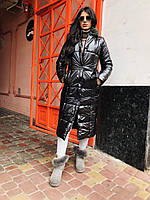 Пуховик женский теплый длинный из монклер стеганный с капюшоном на кнопках с поясом Gdv1540
