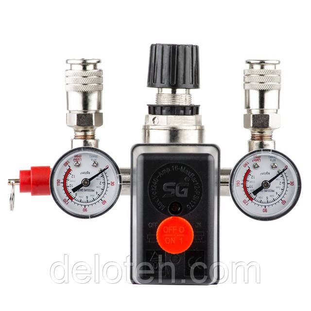 Пресостат 220 В у складі (пресостат, редуктор, 2 манометри, запобіжний клапан, два виходи) INTERTOOL PT, фото 1