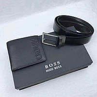 Ремень черный + кошелек в подарочном наборе мужской стильный Хьюго Босс