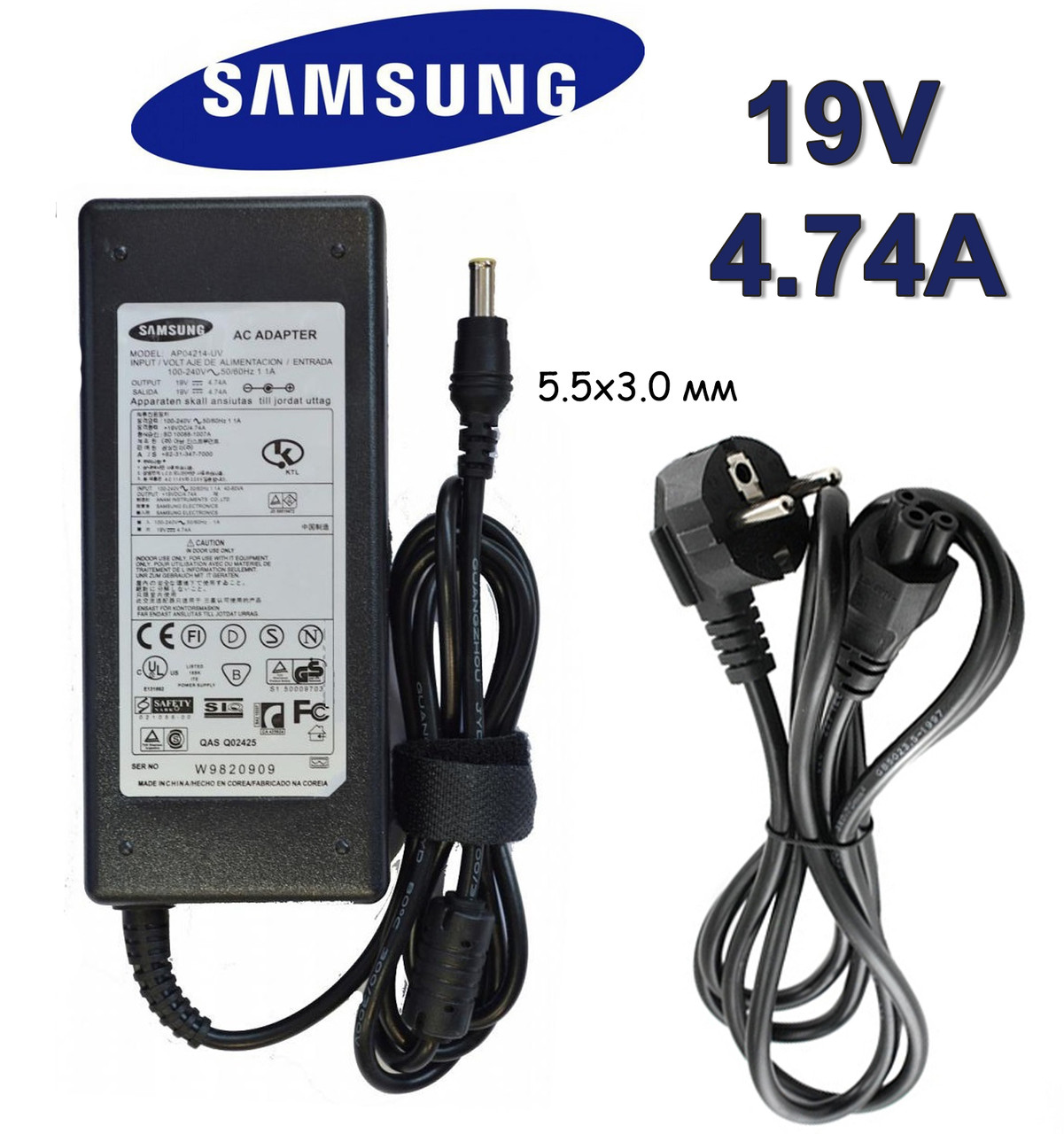 Зарядний пристрій Samsung R522 19V 4.74 A 5.0х3.0 мм / 5.5х3.0 мм для ноутбука, блок живлення для ноутбука