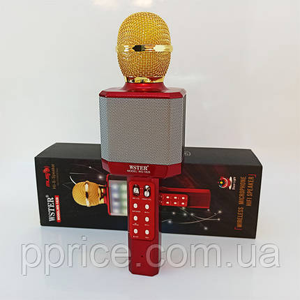 Мікрофон-Караоке безпровідний WS-1828 червоний з FM-радіо/USB/TF, фото 1