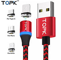 Кабель для зарядки телефона магнитный USB Topk 3 в 1 Type-C, MicroUSB, Lightning iPhone.1 метр.