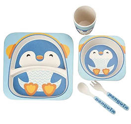 Дитячий бамбуковий посуд Stenson MH-2770-11, пінгвін, 5 предметів