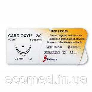 Нитка, що не розсмоктується,CARDIOXYL 2/0 (Етібонд W6767), колючі голки 2х25мм, 1/2 кола, довжина 90 см, зелена, фото 1