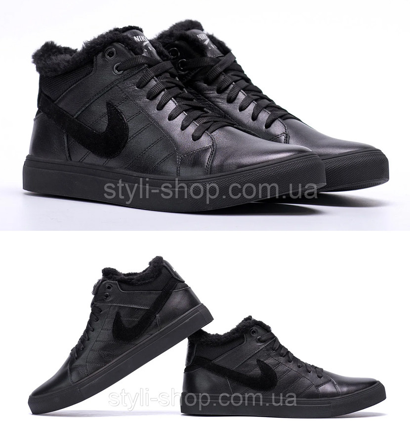 Чоловічі шкіряні зимові черевики Nike Black Leather, Чоботи, кросівки зимові чорні, спортивні черевики