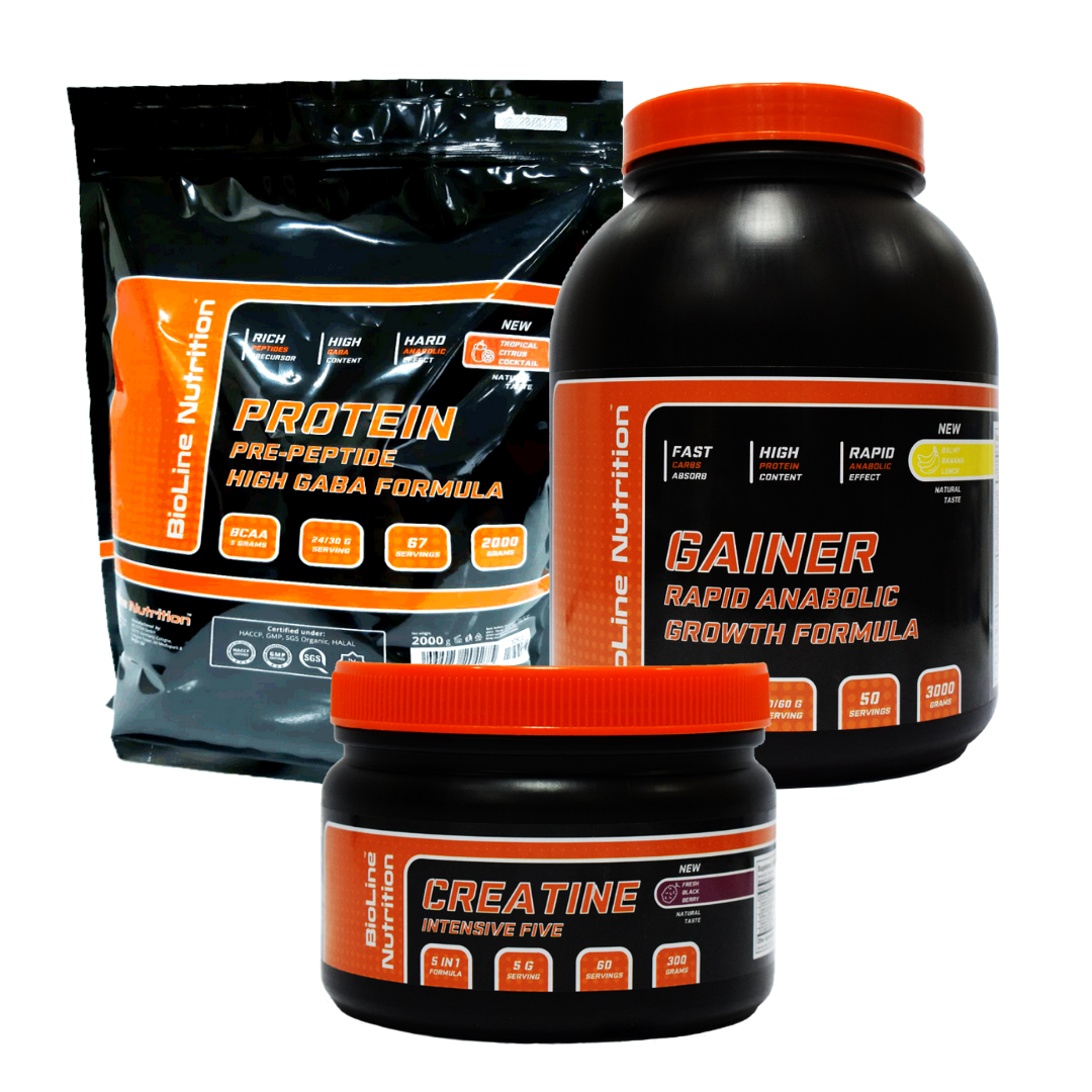 МАС-КОМПЛЕКТ: 2 кг HIGH GABA FORMULA ПРОТЕЇНУ + 3 кг RAPID ANABOLIC GAINER + MIX-BOTTLE