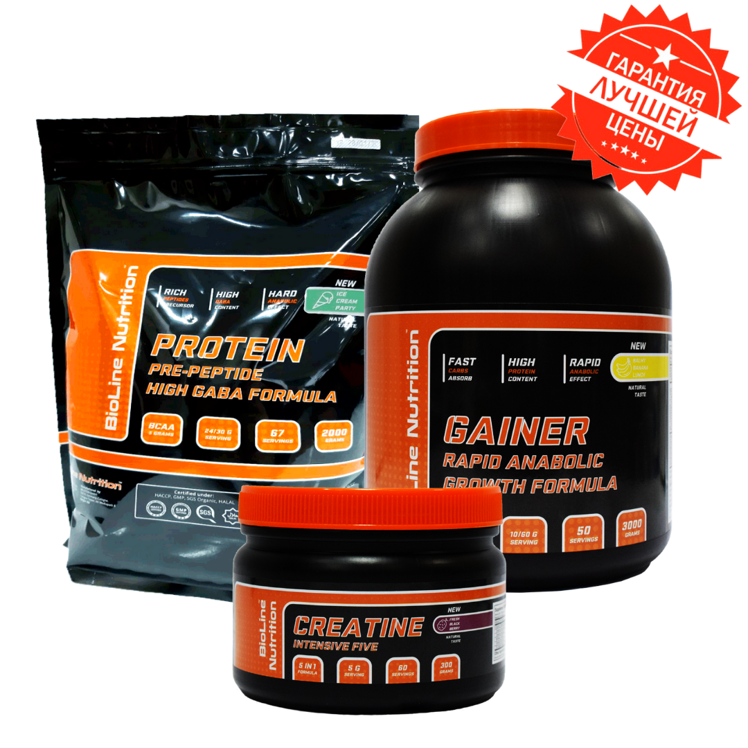 МАС-КОМПЛЕКТ: 2 кг HIGH GABA FORMULA ПРОТЕЇНУ + 3 кг RAPID ANABOLIC GAINER + MIX-BOTTLE