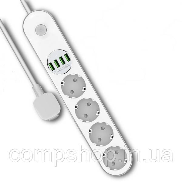 Мережевий фільтр 2.0м СolorWay CW-CHE44W 4 розетки, 4 USB порти, білий  (код 96789)