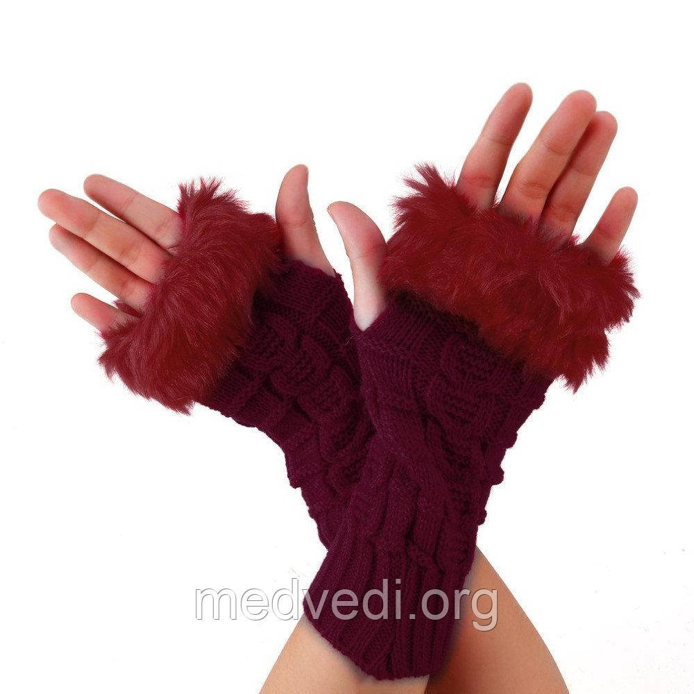 Короткі бордові мітенки з хутром (рукавички без пальців) 20 см, фото 1