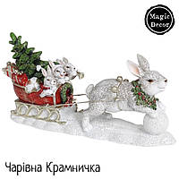 Новорічна статуетка зайчик на санях фігурка ялинка Різдво сіра