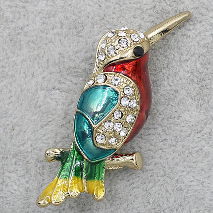 Брошка Колібрі металева золотиста покрита різнобарвною емаллю зі стразами розмір виробу 3 х 5 см, фото 1