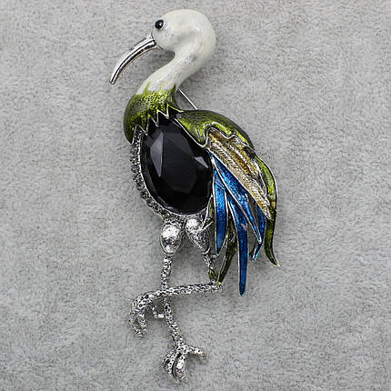 Брошка металева срібляста Цапля покрита кольоровою емаллю з чорним Агатом розмір виробу 40х95 мм, фото 2