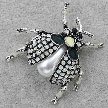 Брошка металева на сріблястій основі сонечко зі стразами та перлами розмір виробу 40х45 мм, фото 1