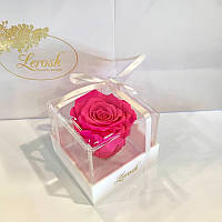 Яскраво-рожевий стабілізований бутон троянди в подарунковій коробці Lerosh Classic