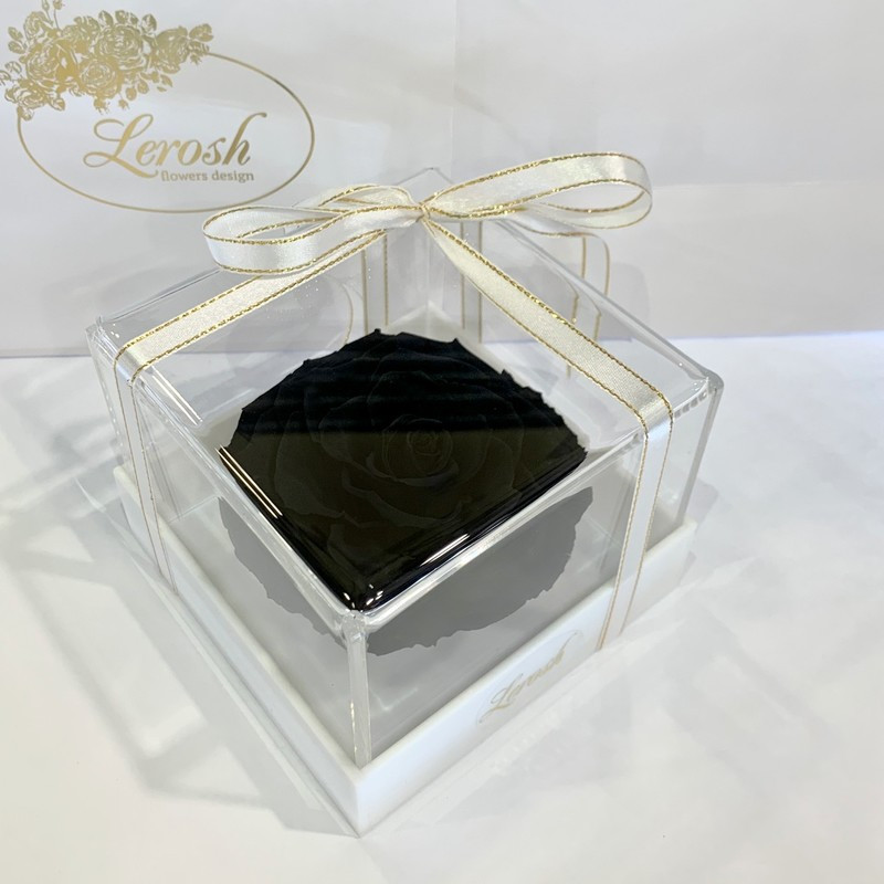 Чорний стабілізований бутон троянди в подарунковій коробці Lerosh — Premium, фото 1