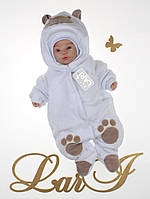 Велюровий комбінезон "Панда" на махрової підкладці, з шапочкою, для новонароджених діток. Білий