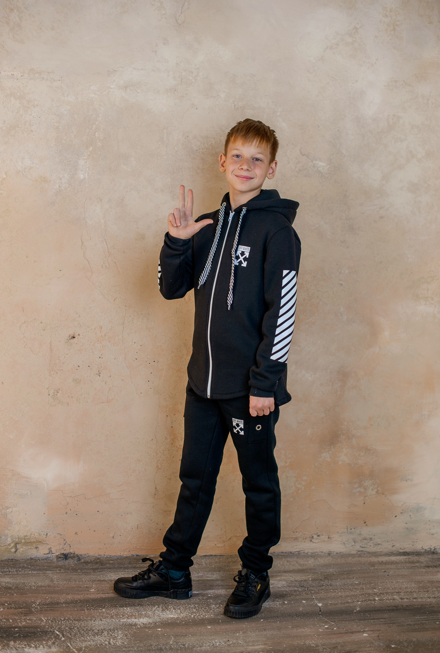 Костюм на хлопчика зимовий чорного кольору Теплий костюм-двійка з капюшоном спортивний вік 6-10 років