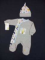 Комплект для новорождённых из футера человечек и шапочка HappyTot Мишка на воздушном шаре 62см серый 937ф