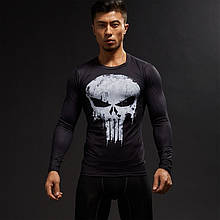 Чоловіча футболка для фітнесу та бодібілдингу з довгим рукавом Череп (Каратель) (рашгард rashgard), чорна