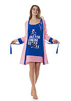 Размер S (44). Хлопковая пижама двойка, ночнушка и халат, розово-синего цвета, Турция