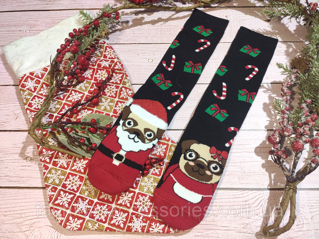 🎄 Червоні новорічні шкарпетки з Дідом Морозом MERRY CHRISTMAS 36-41 розмір Золото, фото 1